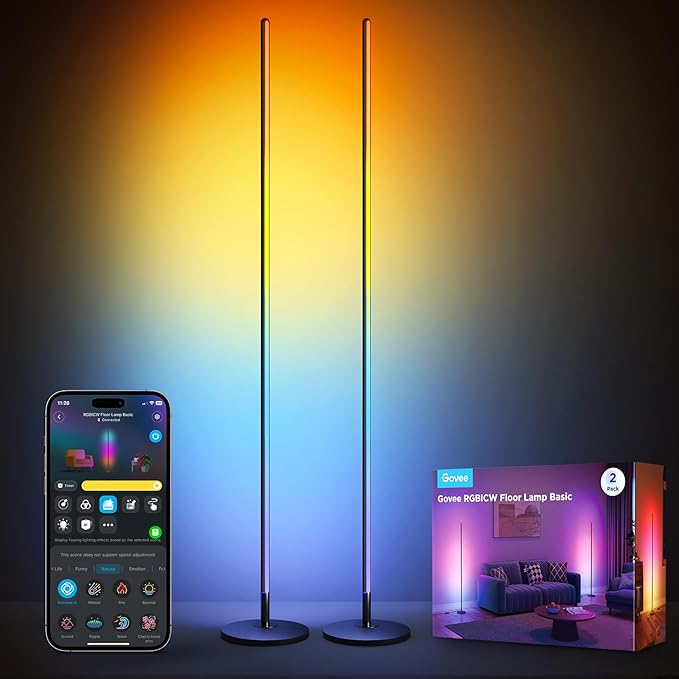 Govee LED Floor Lamp Black, RGBIC Modern Corner Lamp, Smart Standing Lamp with 61 Scene Modes,Music Sync, Corner Floor Lamp for Living Room, Bedroom, 2 Pack[Energy Class G]