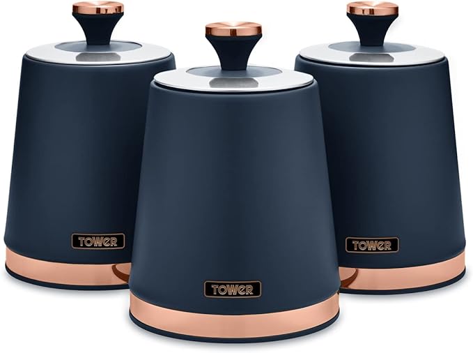Tower T826131MNB Cavaletto Set of 3 Storage Canisters for Tea/Coffee/Sugar, Steel, Midnight Blue and Rose Gold