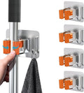 Mop Broom Holder, 4 Pcs Stainless Steel Self Adhesive Mop Holder Wall Mounted with Hooks Hanger Self-Adhesive Broom Holder (Orange)