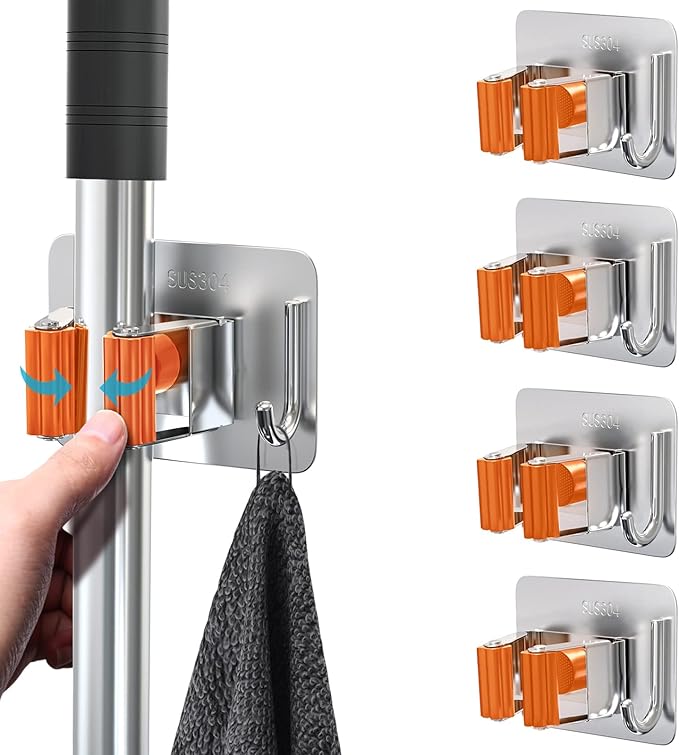 Mop Broom Holder, 4 Pcs Stainless Steel Self Adhesive Mop Holder Wall Mounted with Hooks Hanger Self-Adhesive Broom Holder (Orange)