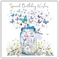 Nigel Quiney Artistic Open Female 'Happy Birthday' Greeting Card - Butterfly Jar Illustration - With A Silver Foil Finish - From The Pizazz Range - For Her