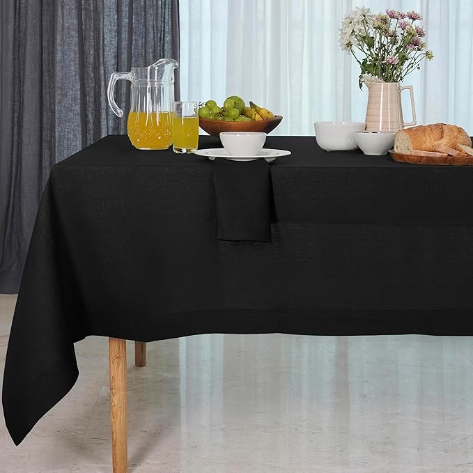 D'Moksha Homes Black Tablecloth 153 x 275 CM - 100% Pure Linen Rectangular Tablecloth - Machine Washable Table Cloth for Winter, Christmas, Holiday