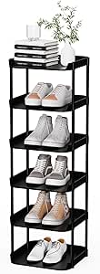 6 tier Narrow Shoe Storage Rack, Compact Single Shoerack Stand for Slim Space, Stackable Tall Thin Show Tower, Vertical Plastic Shelves, for Hallways, Kitchens, Bedrooms Tidy Organizer, Black
