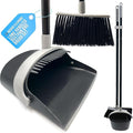 Long Handled Dustpan and Brush Set with Built-In Teeth Comb - Indoor Broom and Dustpan Set for Sweeping Brush Indoor 180° Swivel Dust Pan (Black and Grey)