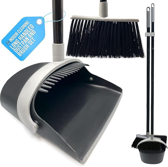 Long Handled Dustpan and Brush Set with Built-In Teeth Comb - Indoor Broom and Dustpan Set for Sweeping Brush Indoor 180° Swivel Dust Pan (Black and Grey)