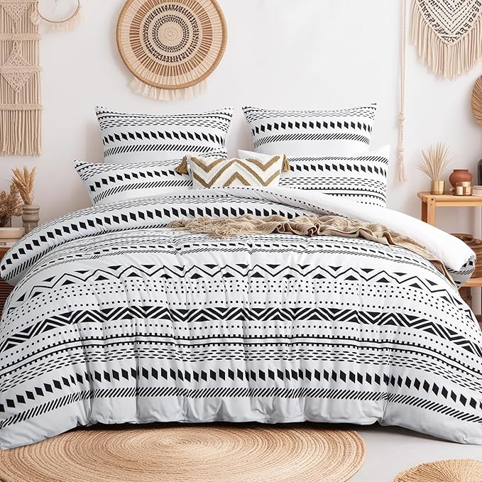 King Size Duvet Cover Sets - Kingsize Bedding Set with Pillowcases, Ultrasoft Microfiber Luxury Non Iron Quilt Cover Bohemian with Zipper Closure, Boho White 230x220cm
