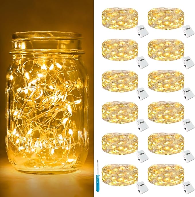 btfarm 12 Pack 3 Modes LED Fairy Lights Battery Operated, 2M 20LED Mini String Lights Battery Powered IP65 Waterproof Silver Wire Small Fairy Lights Indoor Outdoor for Jars, Christmas, Party, Bedroom[Energy Class A+++]