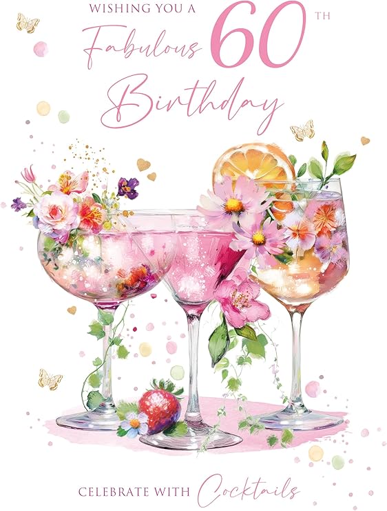 Cherry Orchard Luxury 60th Birthday Card for her, Fabulous Milestone Birthday card From, Cocktail design finished with Beautiful pink foil,