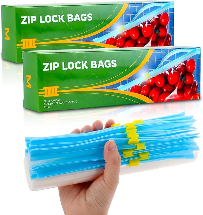 50 Pcs Zip Lock Bags, Food Storage Freezer Bags (2.27L) Reusable Sandwich Bags Food Storage Bags with Expandable Bottom, BPA Free Zip Seal Freezer Bags for Fruits, Vegetables, Meat, Grains