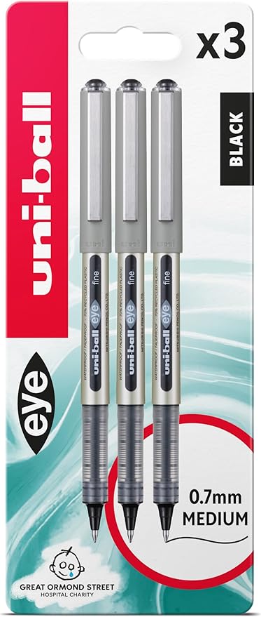 uni-ball UB-157 Eye Rollerball Pens. Premium Fine 0.7mm Ballpoint Tip for Super Smooth Handwriting, Drawing, Art, Crafts and Colouring. Fade and Water Resistant Liquid Uni Super Ink. Pack of 3 Black