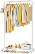 HOMIDEC Clothes Rail, Metal Clothes Rack with 4 Side Hooks, Bottom Storage Shelf and Wheels, Heavy-Duty Clothing Rail Holds Up to 40kg, Clothes Rails for Bedroom, Hallway, Clothing Stores, White