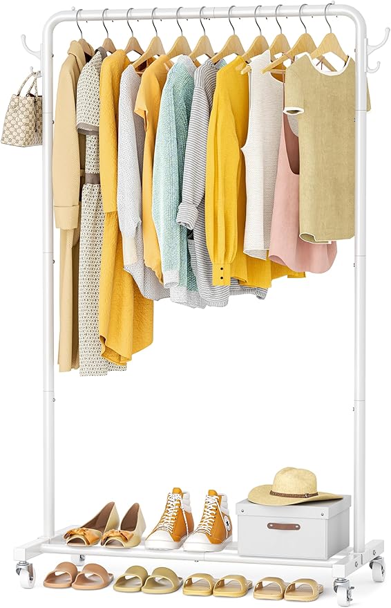 HOMIDEC Clothes Rail, Metal Clothes Rack with 4 Side Hooks, Bottom Storage Shelf and Wheels, Heavy-Duty Clothing Rail Holds Up to 40kg, Clothes Rails for Bedroom, Hallway, Clothing Stores, White