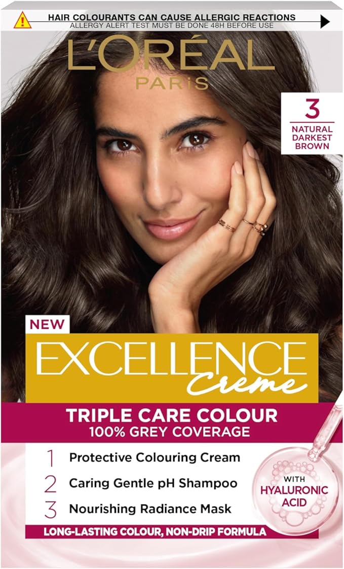 L'Oréal Paris Excellence Crème Permanent Hair Dye, Radiant At-Home Hair Colour with up to 100% Grey Coverage, Pro-Keratin, Up to 8 Weeks of Colour, Colour: 3 Natural Darkest Brown