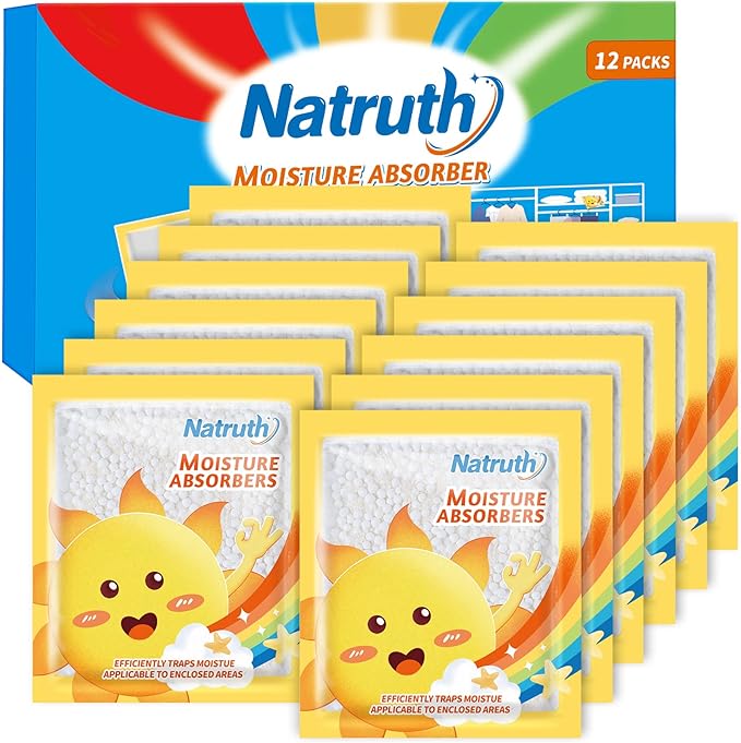 NATRUTH 12-PACK Moisture Absorber Bags, Dehumidifier Bags for Wardrobe,Drawers Cupboards,Caravan,suitcases,Eliminates Odors,Dehumidifier Bags for Small spaces