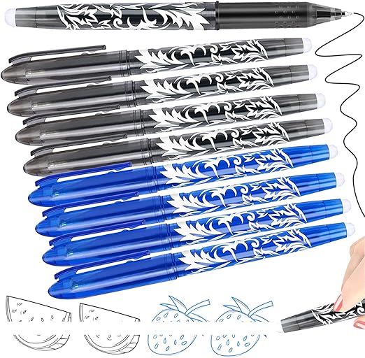 8 Erasable Pens Black Blue, Rub Out Pens Ink Eraser Pen with Rubber, Friction Pen with Rubbers on the End, 0.5mm Erasable Gel Biro for Writing