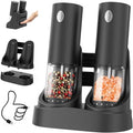 CIRCLE JOY Electric Salt and Pepper Grinder Set Rechargeable Pepper Mill Grinders with Charging Base, External Adjustable Coarseness, 95ml Container and White LED Light, Black