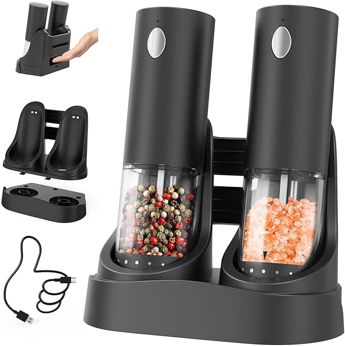 CIRCLE JOY Electric Salt and Pepper Grinder Set Rechargeable Pepper Mill Grinders with Charging Base, External Adjustable Coarseness, 95ml Container and White LED Light, Black