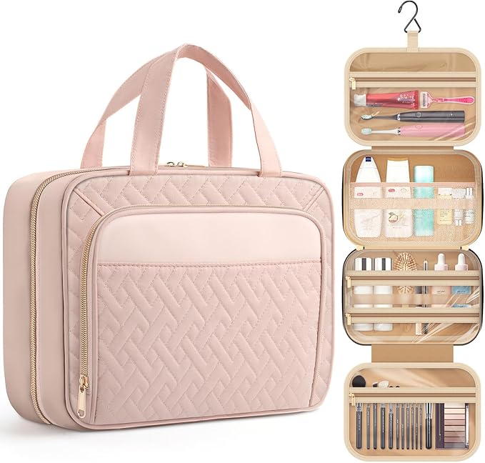 HOTOR Hanging Toiletry Bag for Women - Waterproof Travel Wash & Makeup Bag with Hanging Hook, Multipurpose Travel & Holiday Essentials for Business Trip, Gym, 32.0 x 11.0 x 25.1 cm, Pink