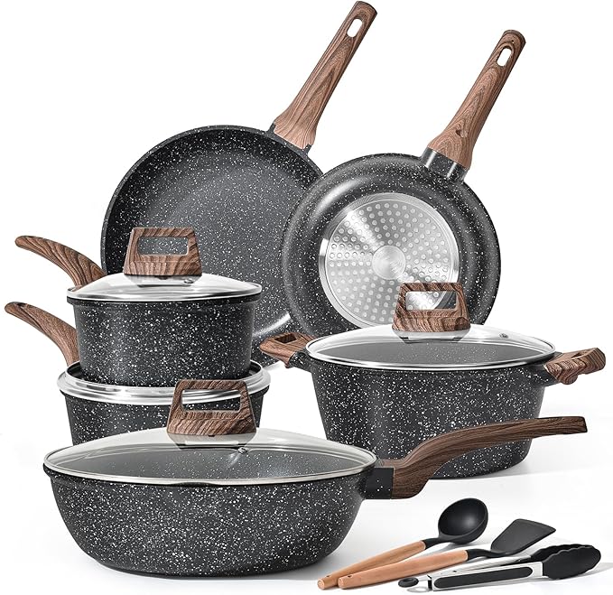 Induction Hob Pots and Pans Set - 13pcs Nonstick Cooking Pans Set, Black Granite Cookware Set with Lid, Non Stick Saucepan Set, Frying Pan Set, PFAS PTFE PFOA PFOS Free