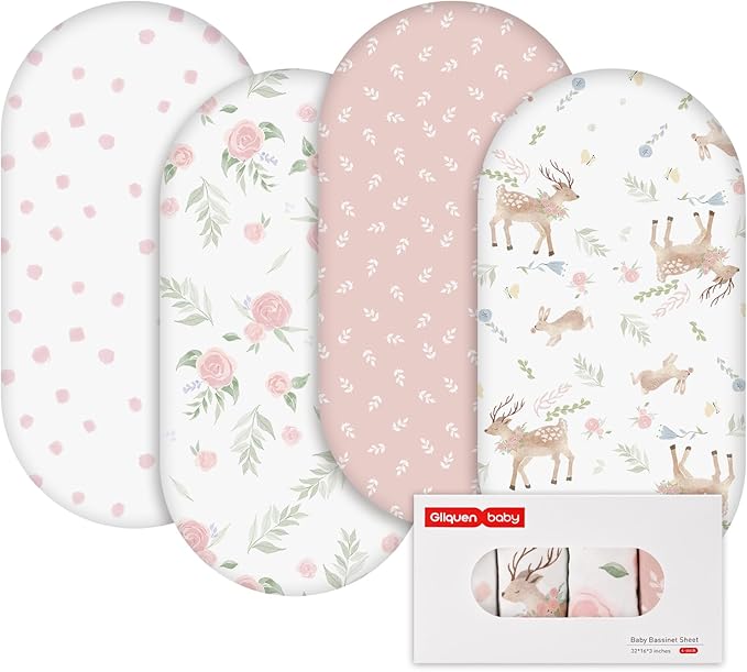 GLLQUEN BABY 4Pack Moses Basket Fitted Sheets, Newborn Pram Sheets Fitted, 100% Microfiber Oeko-tex100 Cozy and Breathable Crib Baby Bassinet Sheets for Boy and Girl(Deer & Rose)
