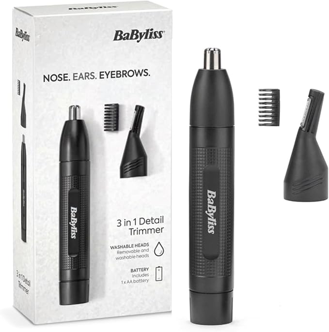 BaByliss 3-in-1 Hair Trimmer for Men, Eyebrow, Ear & Nose Trimmer, Grooming Kit with 2 Attachments, 2 Eyebrow Comb Guides, Battery-Powered, E652U