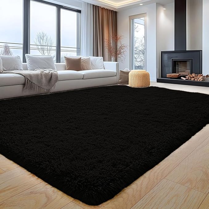 Aspire Homeware Rugs Living Room 120 x 170 Cm - Black Fluffy Rug - Area Rugs for Bedroom Large Modern Shaggy Rug Super Soft Non Slip Thick Pile