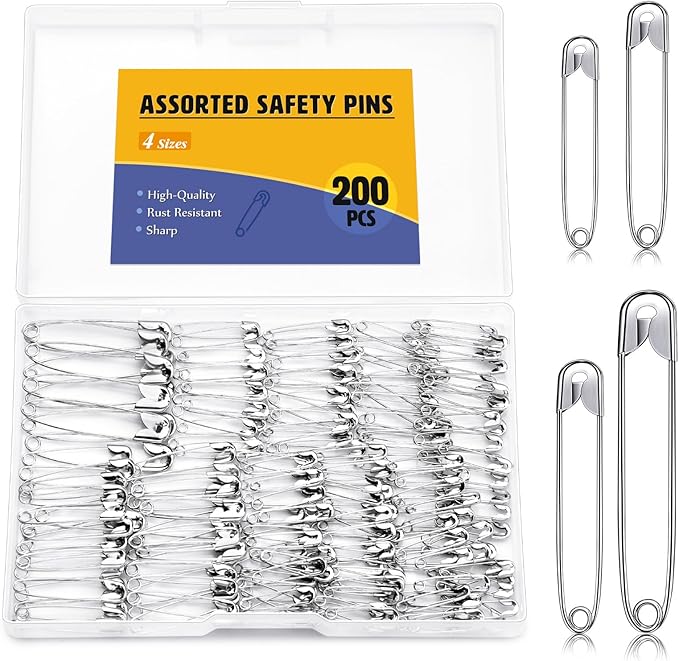 200 Pcs Safety Pins, 4 Sizes Small Medium Large Safety Pins for Clothes, Safety Pin Heavy Duty for Arts, Crafts, DIY Jewellery and Sewing