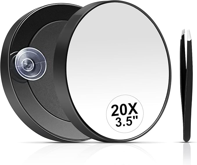 MIYADIVA 20X Magnifying Mirror, 20X Magnifying Mirror Suction Cup and Tweezers, As a Mganifying Makeup Tools, Pocket Set for Eyes Makeup 3.5 Inches