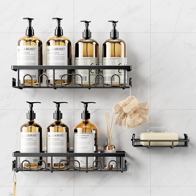3 Pack Rustproof Stainless Steel Shower Caddy, Bathroom Storage Accessory Shelf Organiser Adhesive No Drilling Hanging, Soap Holder Set, Kitchen Wall Mounted Corner Decor, Black