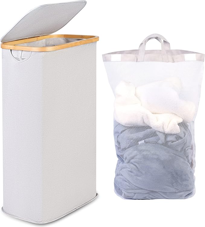efluky 63L Slim Laundry Baskets with Lid, Collapsible Laundry Hamper with Removable Bag, Small Slimline Washing Basket for Dirty Clothes, Cloth Storage Basket Light Grey
