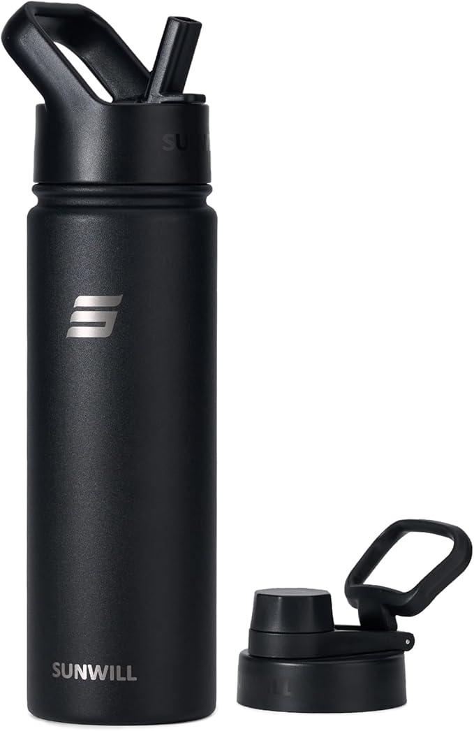 SUNWILL Metal Water Bottle with Straw Stainless Steel, 650ml Insulated Leakproof Thermal Flask for Cold and Hot Drink, Travel, Sports, Gym, Black