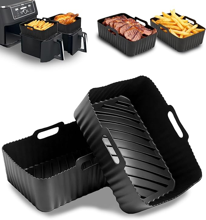 Air Fryer Liners Silicone 2 Pack for Ninja Foodi AF300UK AF400UK AF451UK Dual Zone 8L 9.5L, Airfryer Liners Compatible with Tower T17088, Keplin, EMtronics, Reusable Non-Stick Air Fryer Accessories