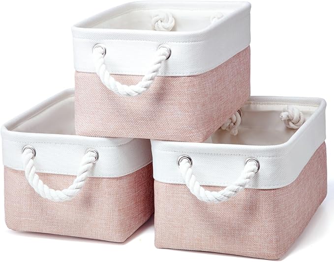 Small Storage Box With Handles, Small Storage Baskets As Gift Basket for Toys Towels Makeup, Folding Canvas Fabric Material Storage Box for Dog Cat Toy Box, 31 X 21 X 16 cm (White Pink-3pack)
