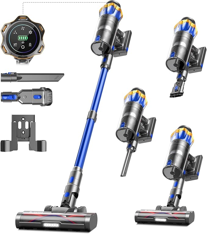 Cordless Vacuum Cleaner 48000Pa/580W/60Min, 1.6L Vacuum Cleaners for Home with Touch Screen, Self-Standing, Anti-Tangle, Wall-mounted Charging, Upright Vacuums for Pet Hair/Carpet/Hardwood Floor/Car