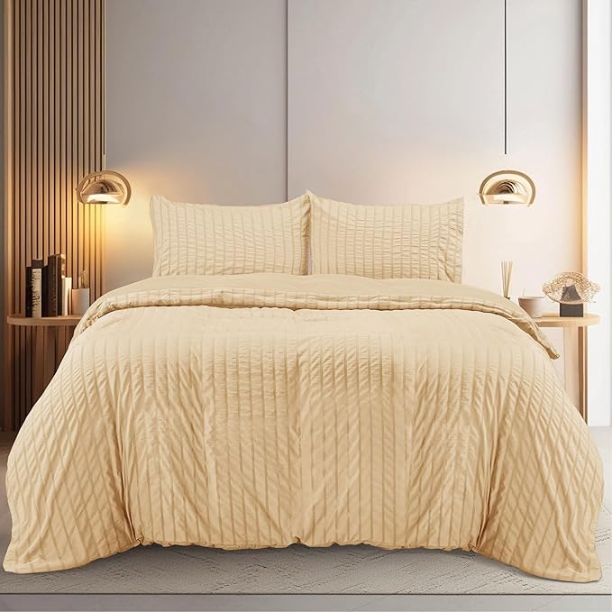 Utopia Bedding Seersucker Duvet Cover Set - Pack of 8 - King Size Duvet Cover Set with Pillowcases - Soft Microfibre Polyester Seersucker Bedding (Beige)