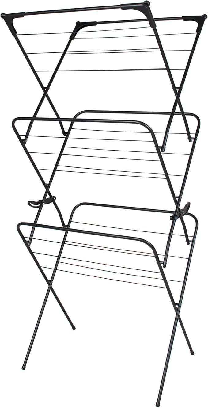 Straame 3 Tier Clothes Airer Drying Indoor and Outdoor Laundry Rack with Non-Slip Feet and Corner Spaces for Hangers, Flat Foldable Space Saving, 63 x 46 138 (Black)