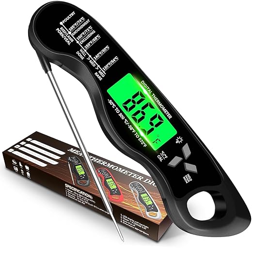 Meat Thermometer Digital,Instant Read Food Thermometer with Backlight LCD Screen, IP67 Waterproof Foldable Long Probe & Auto On/Off, Perfect for Cooking,BBQ,Candy Making (Black)