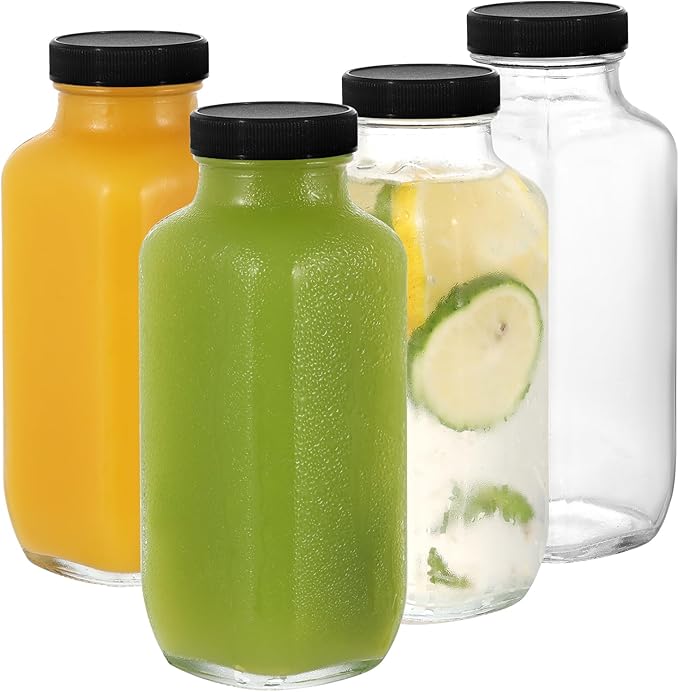 Glass Bottles with Lids, 4pcs 500ml Reusable Wide Mouth Clear Glass Juice Bottles, for Milk, Hot Cold Drinks, Homemade Beverages
