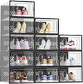 Shoe Boxes,12 pcs Shoe Storage Box Clear Plastic Stackable, Shoe Organizer Containers with Lids for Women/Men, Black