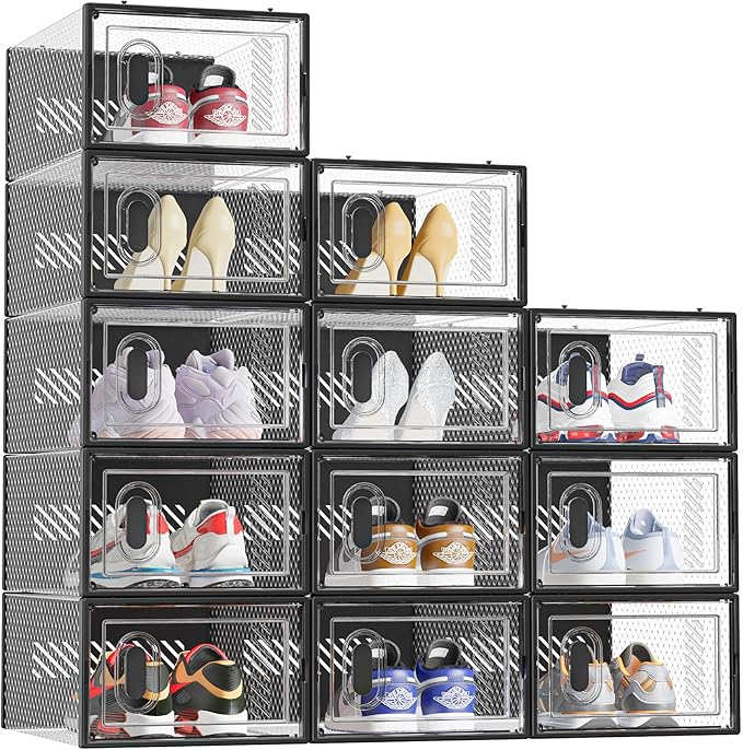 Shoe Boxes,12 pcs Shoe Storage Box Clear Plastic Stackable, Shoe Organizer Containers with Lids for Women/Men, Black