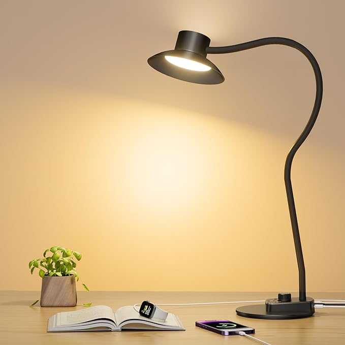Desk Lamp,Eye-caring Dimmable Bedside lamp with Dual USB Charging Port, 5 Light Modes & Stepless Dimming, 1400LM Desk Light with Flexible Neck for Home, Office, Bedroom, Reading, Work, Study,12V 2A[Energy Class E]