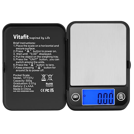 Vitafit 500g Digital Pocket Scales, High Accuracy Assured by Scale Professional Factory SINCE 2001, Gram Scales 0.01g for Multifunction: Lab,Food, Kitchen,Coffee,Jewelry; Black