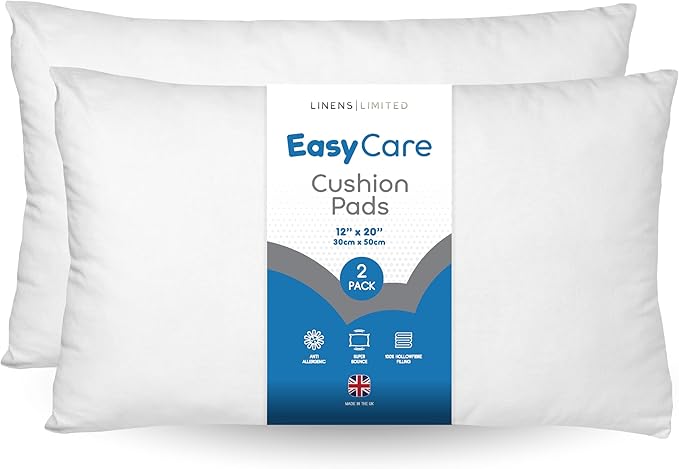 Linens Limited - Cushion Insert 30cm x 50cm, Made in the UK, Soft and Plump, Non-Allergenic Sofa Cushion Pad, Easy to Clean, Small Cushion Inner, Perfectly Fits Covers (White) (2 Pack)