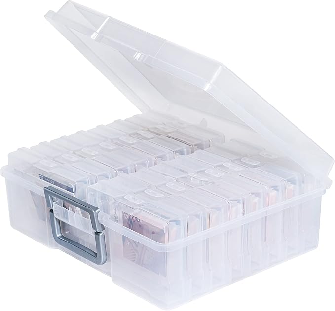 novelinks Photo Case 4" x 6" Photo Box Storage - 16 Inner Photo Keeper Photo Organizer Cases Photos Storage Containers Box for Photos (Clear-Silver Handle)