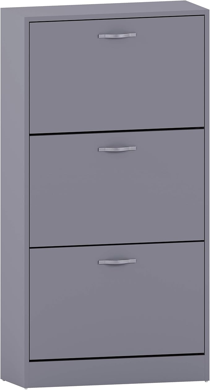 Vida Designs Shoe Cabinet, Wooden Shoe Storage Unit with 3 Pull-Down Drawers, Multifunctional Dust-Proof Space-Saving Slim Cupboard for Hallway or Entryway (Grey)