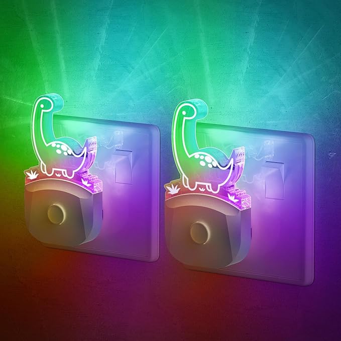 Emeritpro Dinosaur Night Light Plug in Wall, Dusk to Dawn Sensor, Warm White+RGB Colour Changing, 0.5W Low Energy, Plug in Night Light for Hallway, Kids Bedroom, Room Decor, Girls Gift, 2 Packs[Energy Class F]