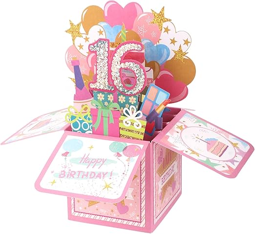 Happy 16th Birthday Pop-Up Card, Shiny 3D Pop up with Envelope & Greeting Creative Boxed Birthday Sweet Cards Best 16 Year Old Girl Daughter Granddaughter Gift Decoration from Mom Dad