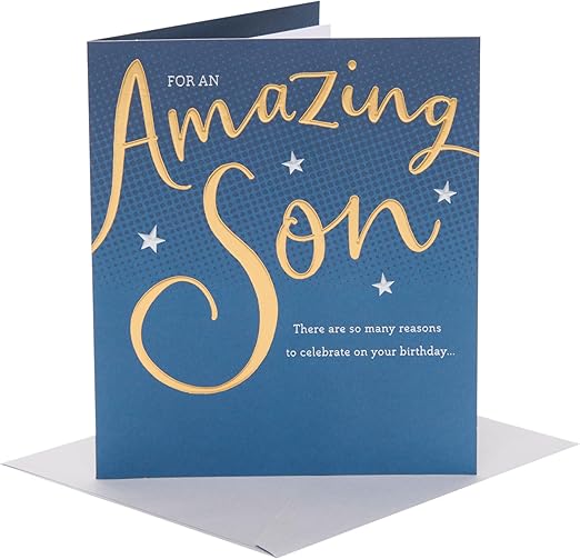 UK Greetings | Birthday Card for Son | Happy Birthday Gifts | Him, Boys, Men | Gold & Blue Design | With Envelope | 165 x 190 mm