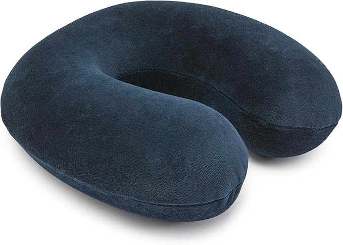 Amazon Basics Memory Foam Travel Neck Pillow with Removable Cover and Elastic Carrying Strap, Navy Blue, Semicircular