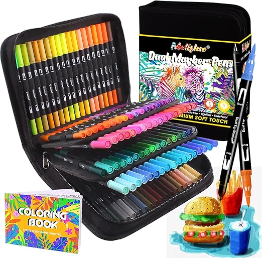 Melifluo 105 Dual Tip Colouring Pens Brush Pens Felt Brush Tip Pens for Adults Colouring Book Painting Sketching Highlighting